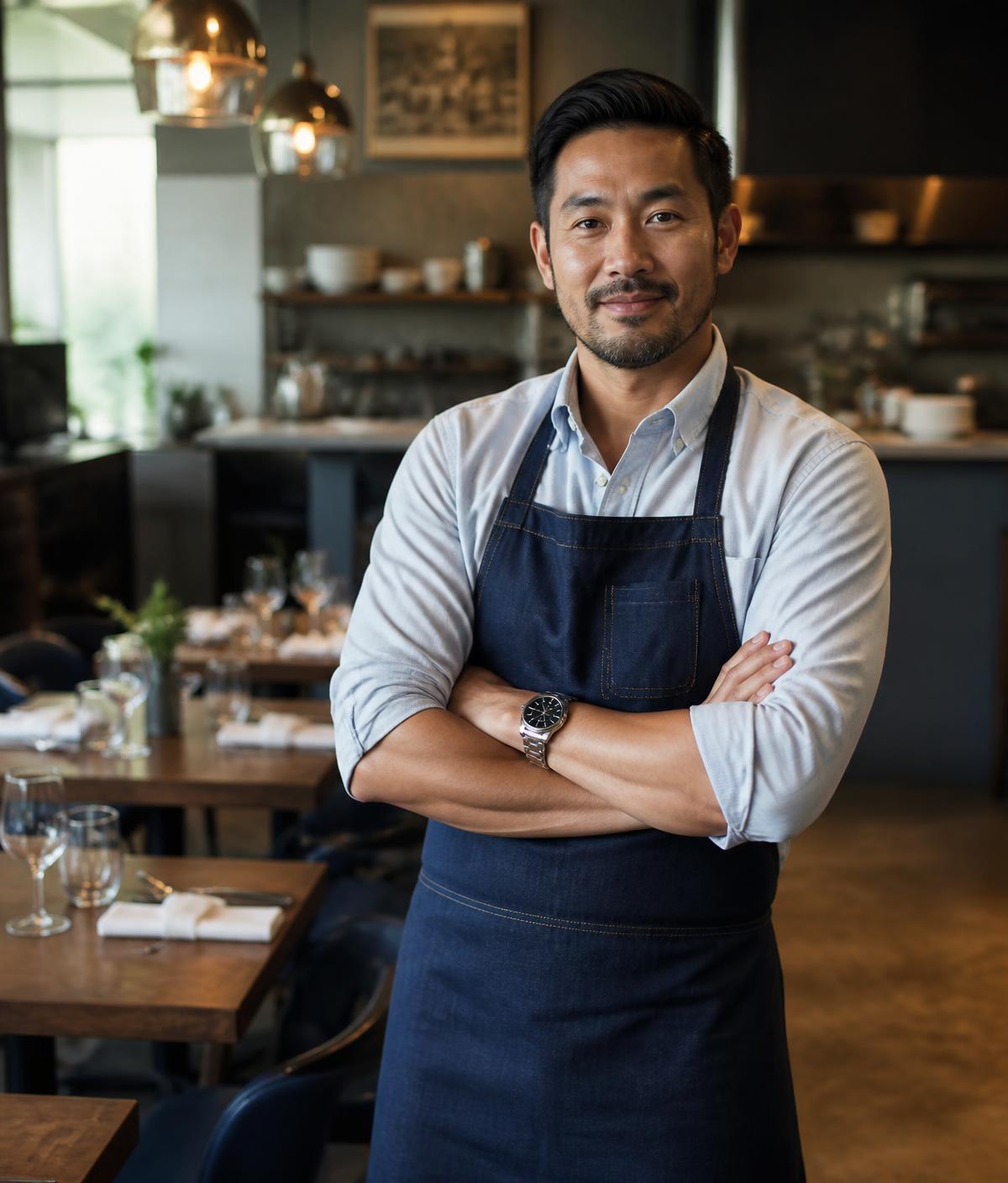 Restaurant owner standing in the dining room of an established restaurant